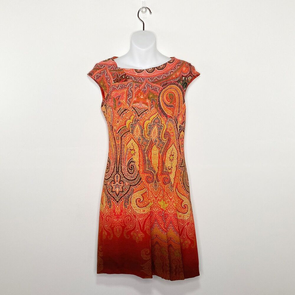 biancoghiaccio Dress Womens Small (40) Floral Paisley Cap Slv Front‎ Kick Pleat